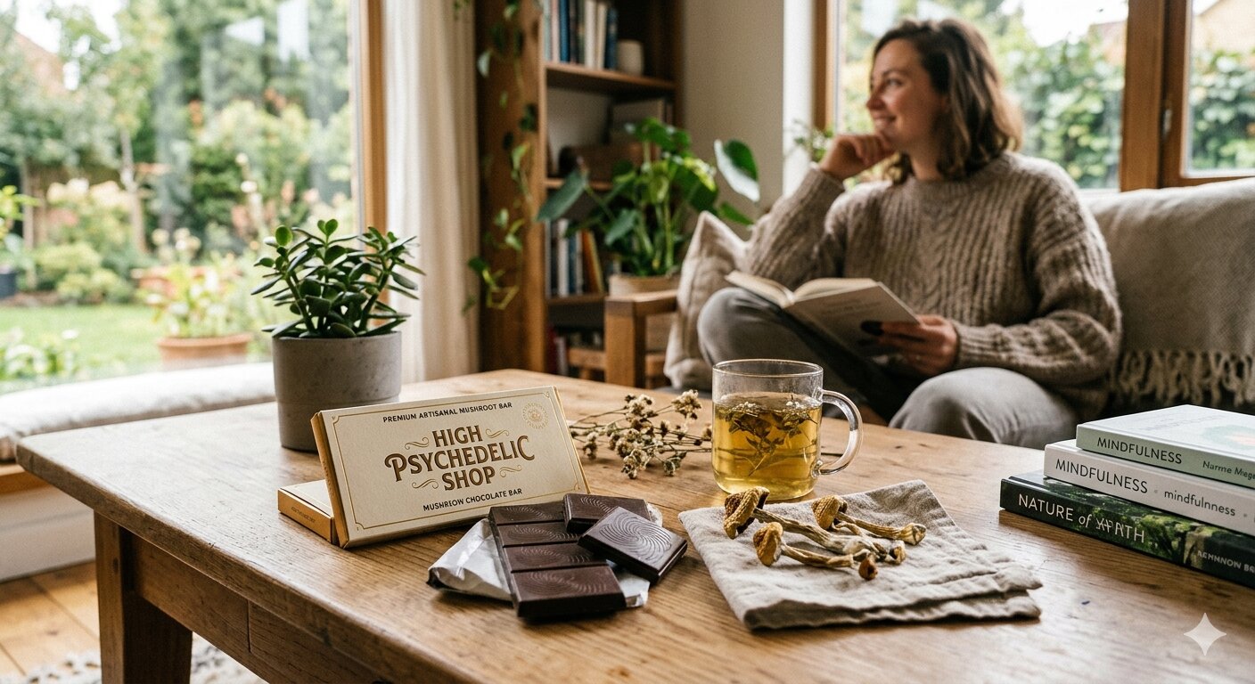 A premium High Psychedelic Shop mushroom chocolate bar on a wooden table next to dried psilocybin mushrooms, herbal tea, and mindfulness books in a cozy living room.