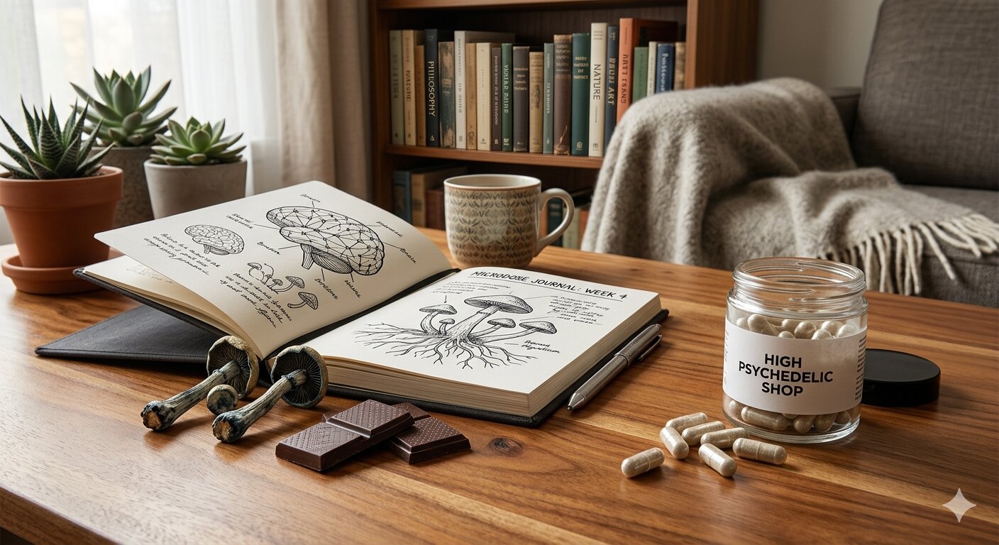 A professional amber glass bottle of High Psychedelic Shop psilocybin capsules on a minimalist wooden desk next to a wellness journal and a glass of water.