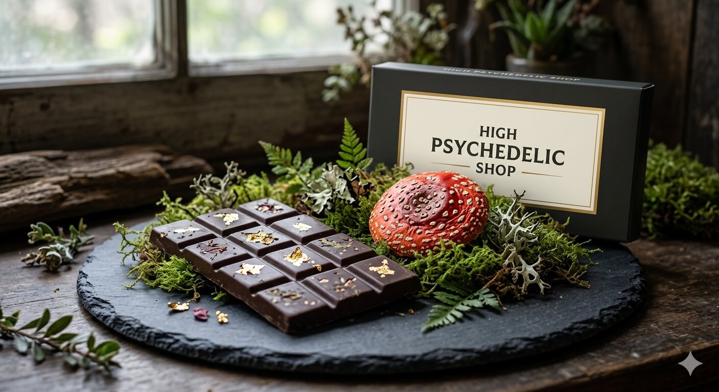 A premium dark chocolate bar and a vibrant red Amanita muscaria mushroom displayed on a dark slate surface with moss accents, next to a High Psychedelic Shop branded package.