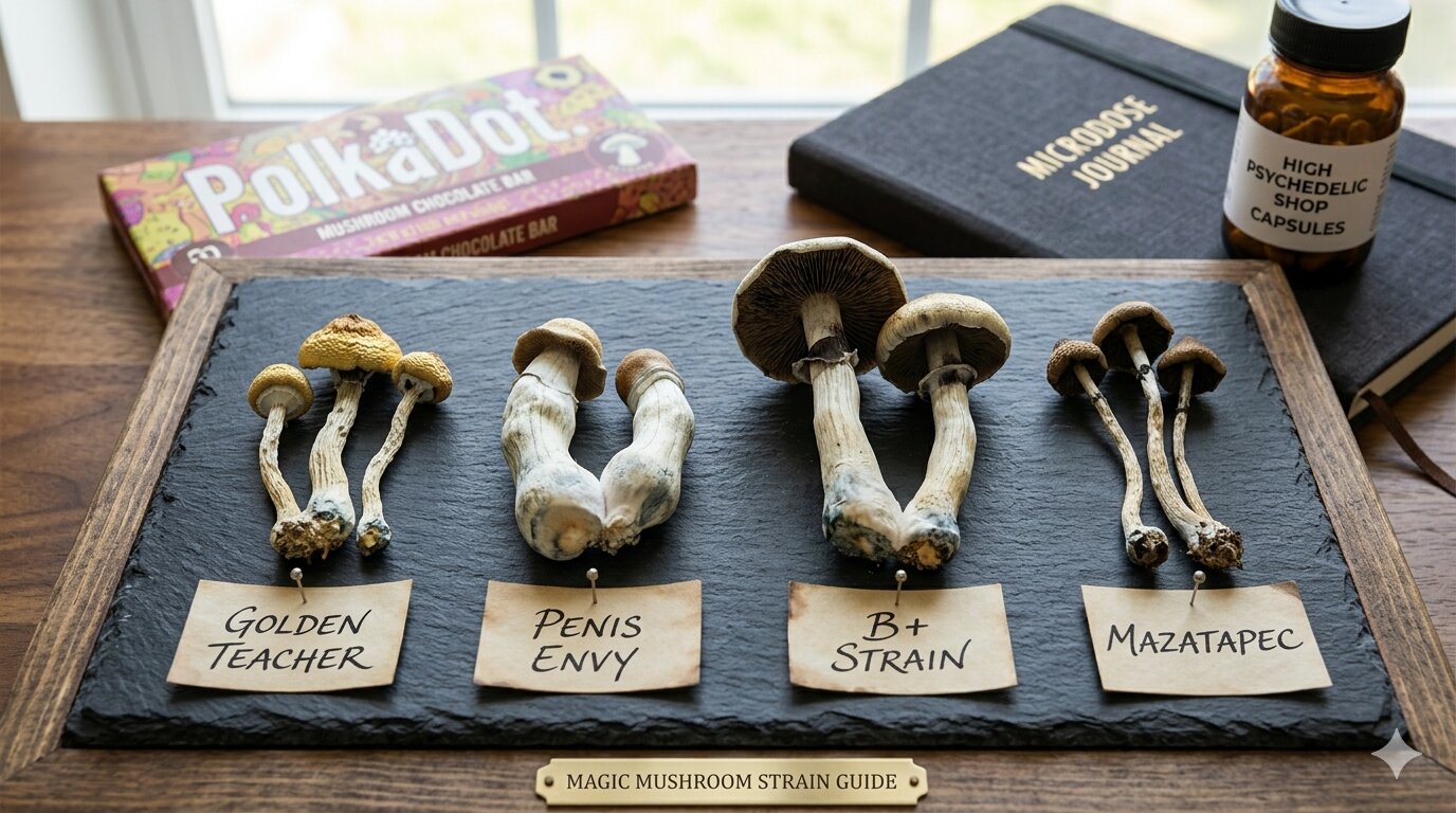 A side-by-side magic mushroom strain guide comparing Golden Teacher, Penis Envy, B Plus, and Mazatapec on a slate tray next to a Polkadot chocolate bar and microdose capsules.