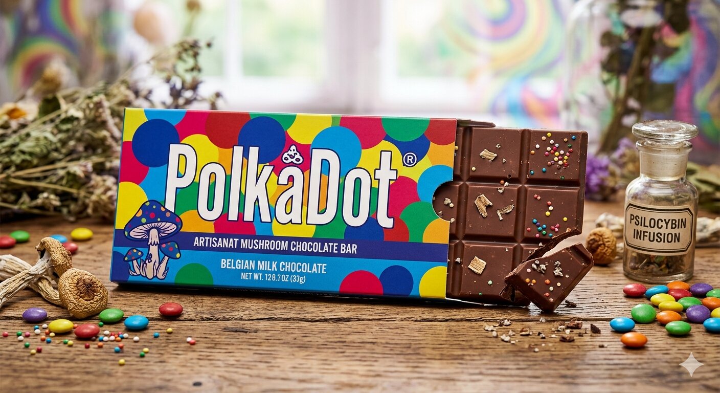An authentic Polkadot Mushroom Chocolate Bar with colorful packaging, featuring broken squares of Belgian milk chocolate infused with psilocybin on a rustic wooden surface.